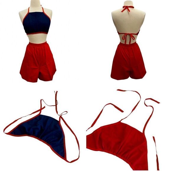 Groovy Vintage Handmade OOAK 1970s Reversible Red Blue Cropped Halter Tie Top - Picture 1 of 12